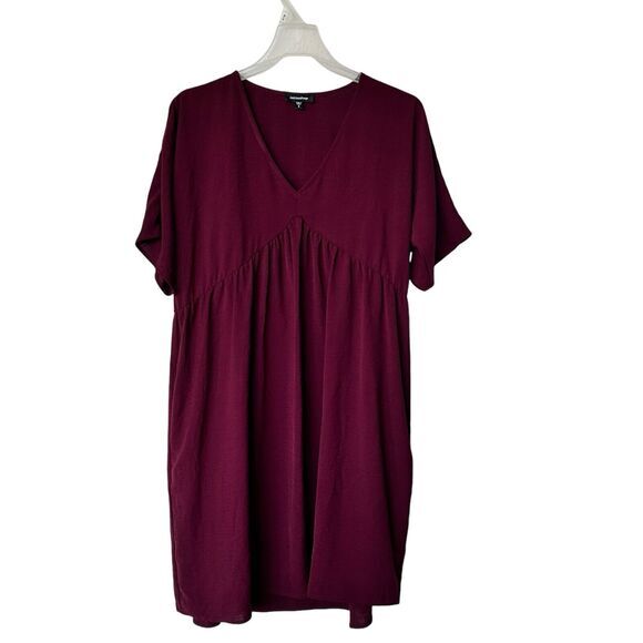 Mittoshop S Red Brown Short Sleeve V-Neck Mini Babydoll Dress - Picture 1 of 8